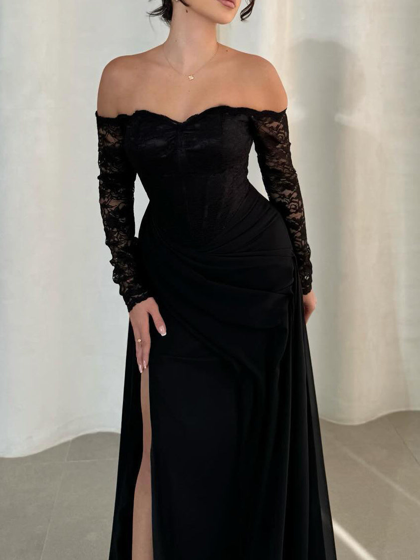 Black Off - Shoulder Lace - Sleeve High Slit Dress